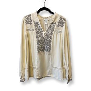 Sundance Catalog Cream Blouse Gray Embroidery
